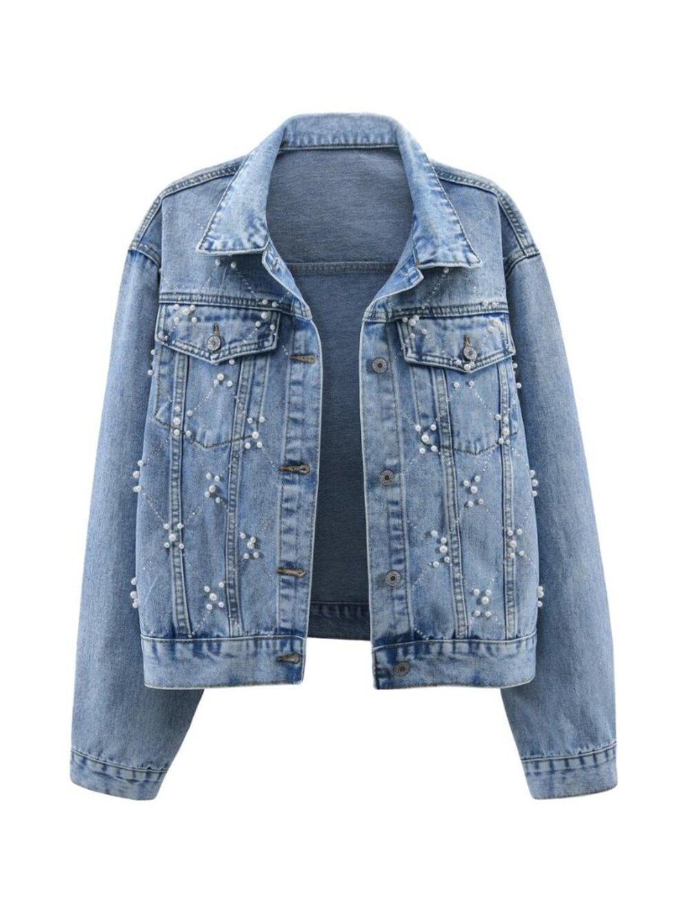 Women's Oversized Denim Jacket Trendy Lightweight Embroidered Short Rivet Pearls